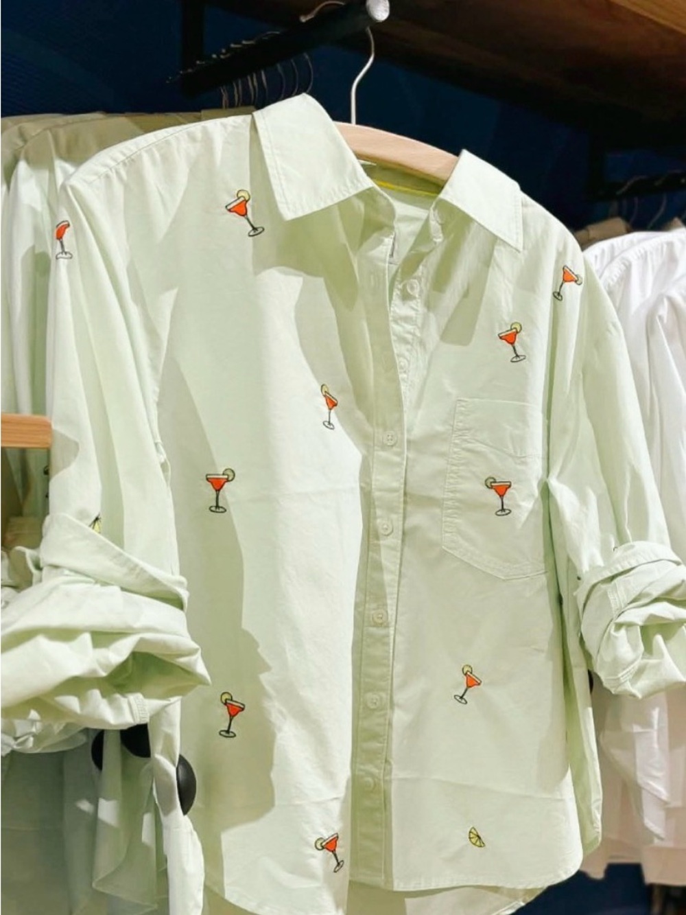 Anthropologie Light Green Cocktail-Embroidered Button Down Shirt
